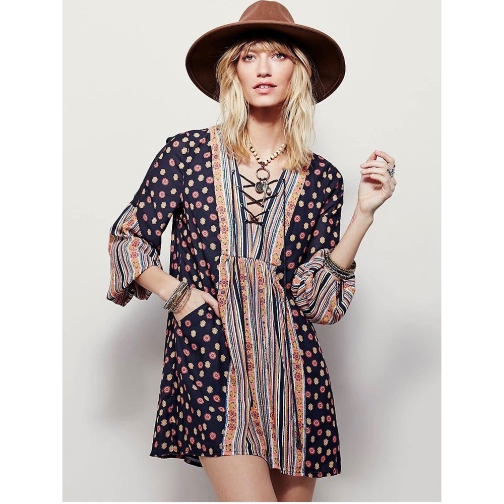 Free People Changing Horizons Mini Dress Black Combo Floral Tie Up Boho Tunic M